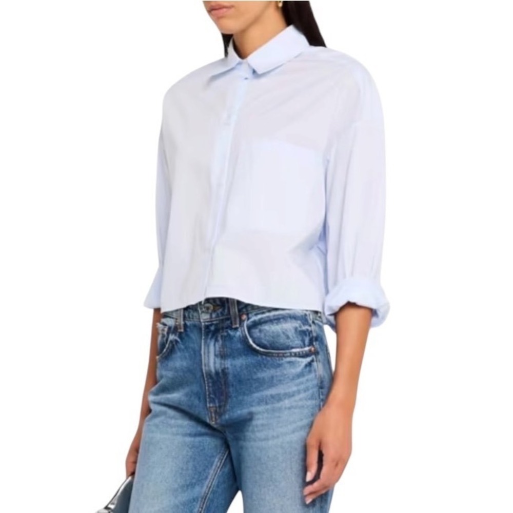 TWP Light Blue Cropped Cotton Button Down Shirt Asymmetric Hem Made in USA M/L